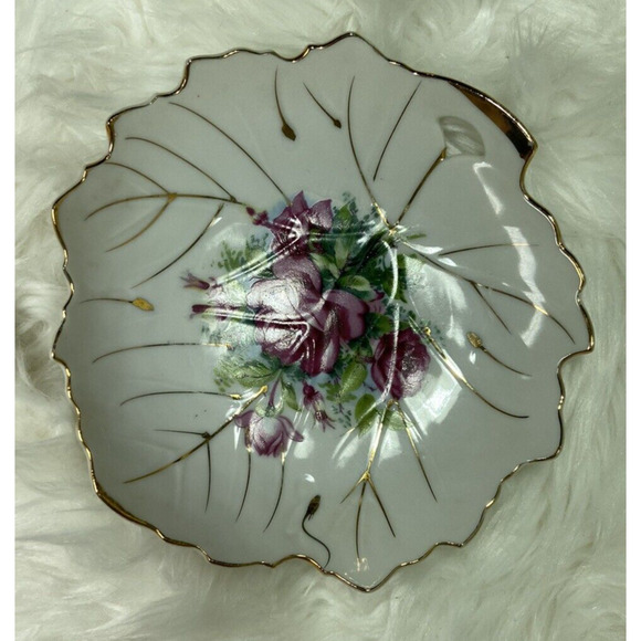 Vintage Trinket Dish Victorian Leaf Shaped Pink Roses With Gilded Trim Set Of 2 - Picture 2 of 8